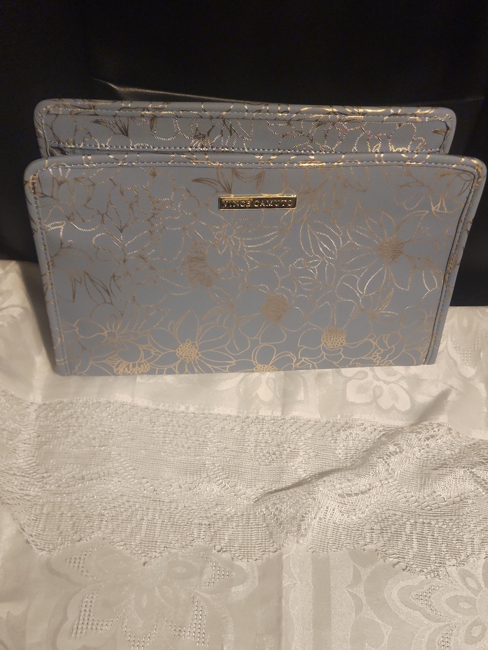 Vince Camuto Light Blue Floral Zip Pouch with Rose Gold Accents